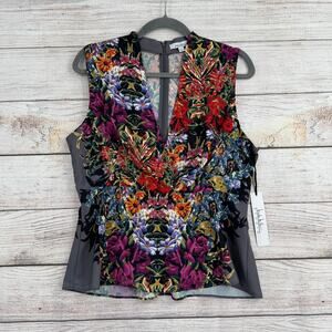 Nicole Miller Studio‎ Floral Sleeveless Blouse Womens Large Gray Multicolor NEW